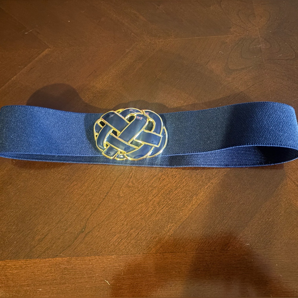 Vintage Day Lor Enamel Stretch Swirl Pattern Waist Belt with Blue Gold Buckle